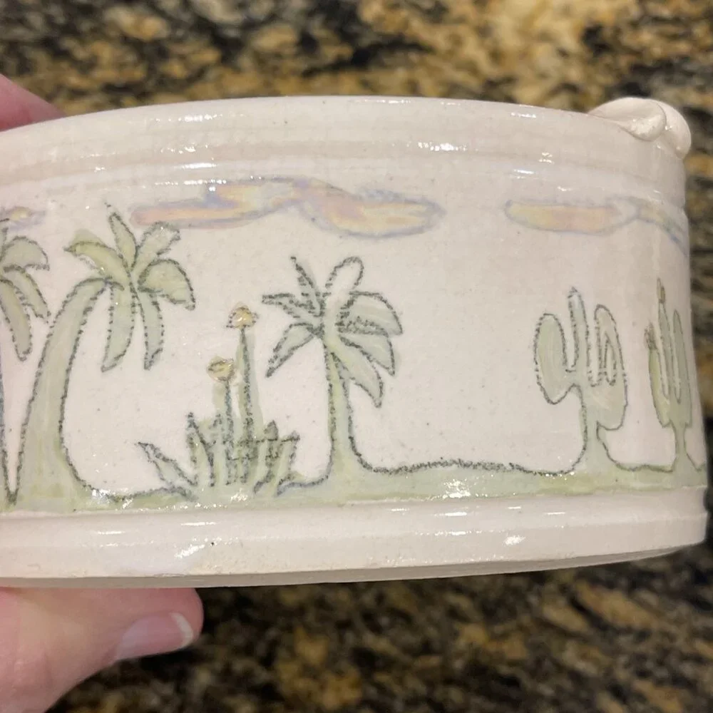 Vtg Handcrafted Lynn Gray Signed‎ Art Pottery Desert Cactus Bowl Rim Pinch Deco
